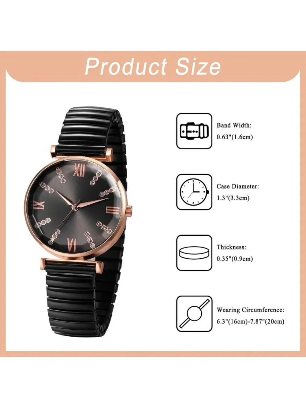 Women's All Black Analog Elastic Strap Arabic Numerals Waterproof Wrist Watch